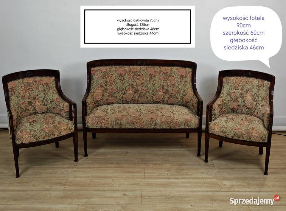Piękna sofa i dwa fotele na drewnianym stelażu z Sandomierz
