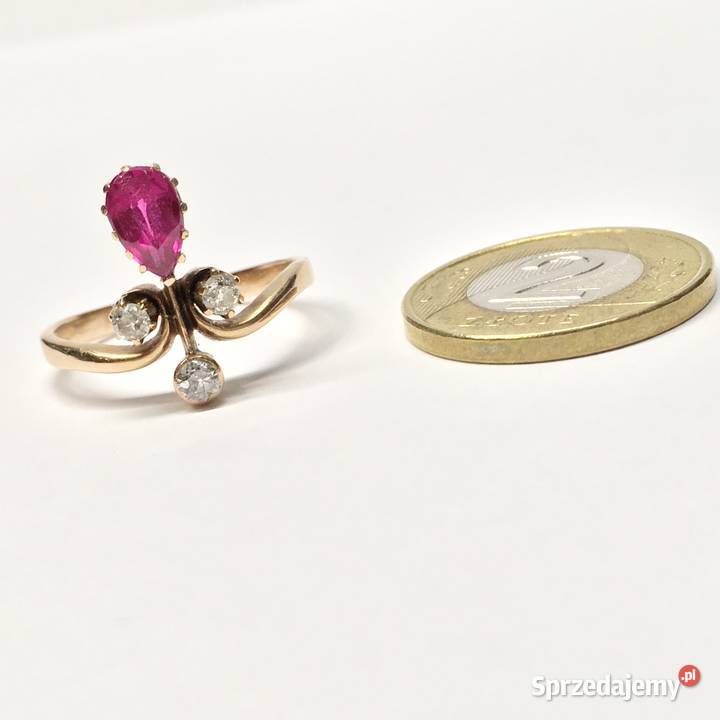 Złoty PIERŚCIONEK 585 14K Art Dco RUBIN i Warszawa