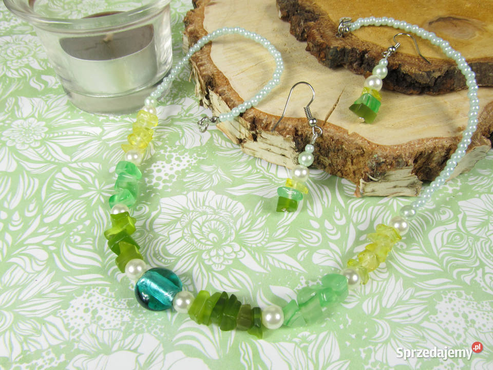 Naszyjnik kolczyki zestaw kamyki żółty zielony sprzedam