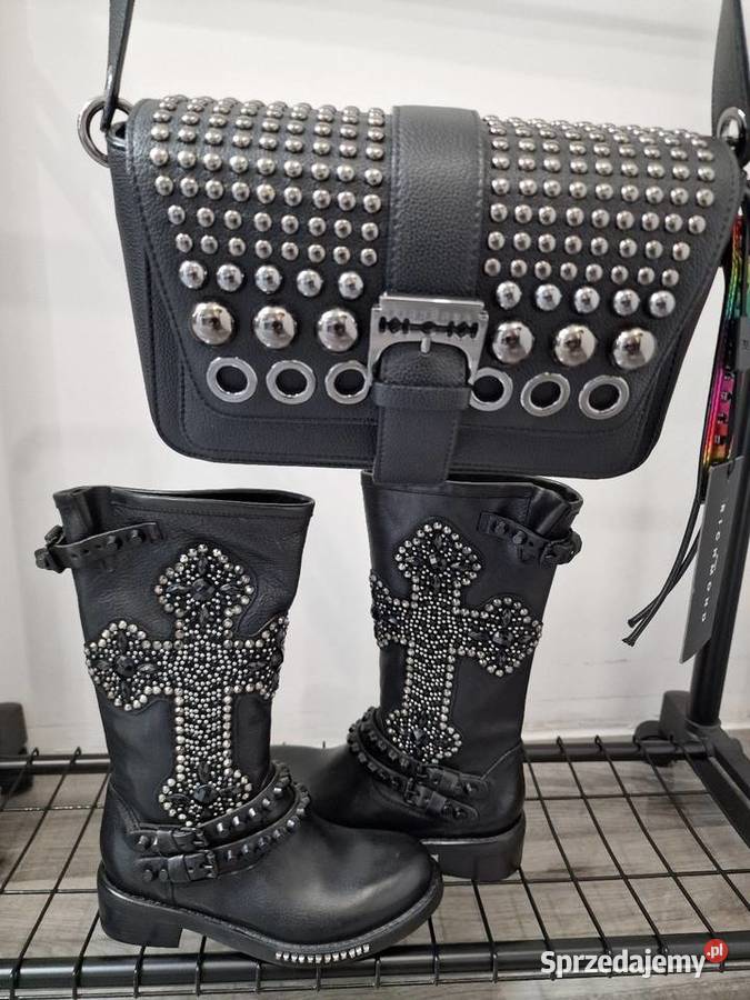 Botki Kozaki Skóra Czarne Kamienie Ćwieki 36 skóra Kozaki śląskie