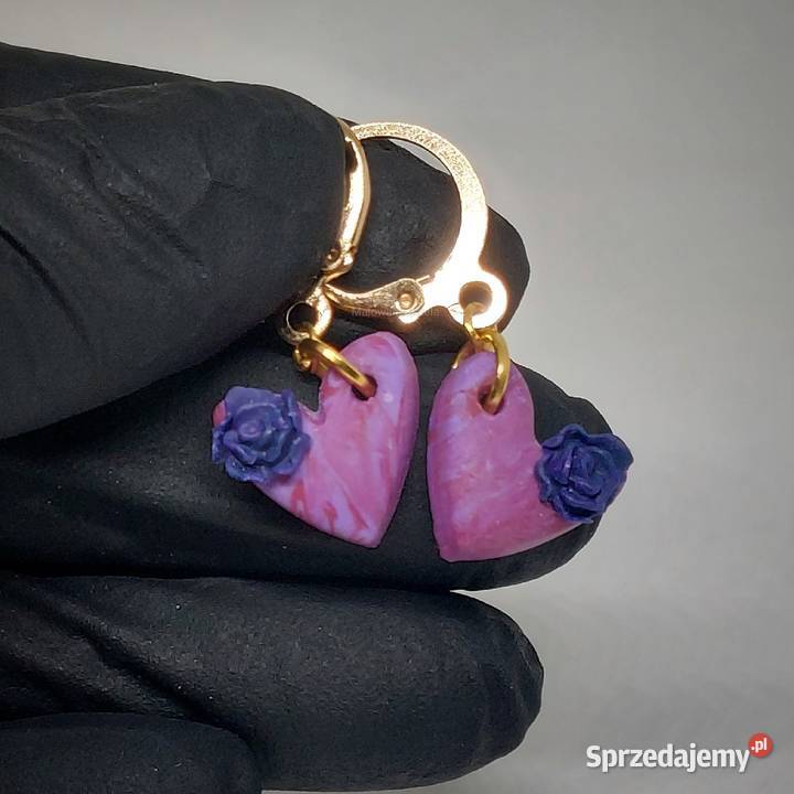 Kolczyki ręcznie robione serca z różą fioletowe Lębork