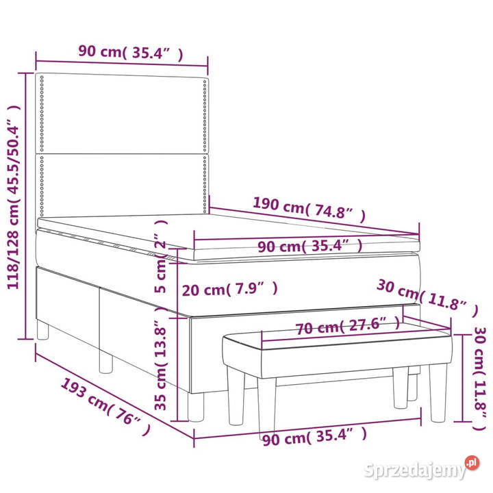 Łóżko kontynentalne z materacem szare ekoskóra 90cm
