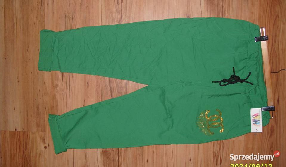 NOWE zielone spodnie gnieciuch złote literki CC Rawicz