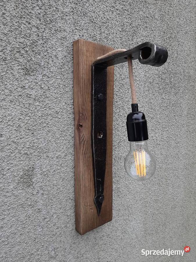 Lampa kinkiet drewniany retro na starej desce Trzciel sprzedam