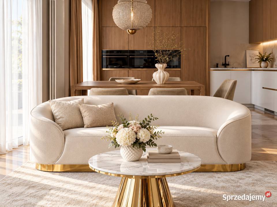 Ekskluzywna beżowa złota sofa glamour do salonu Warszawa