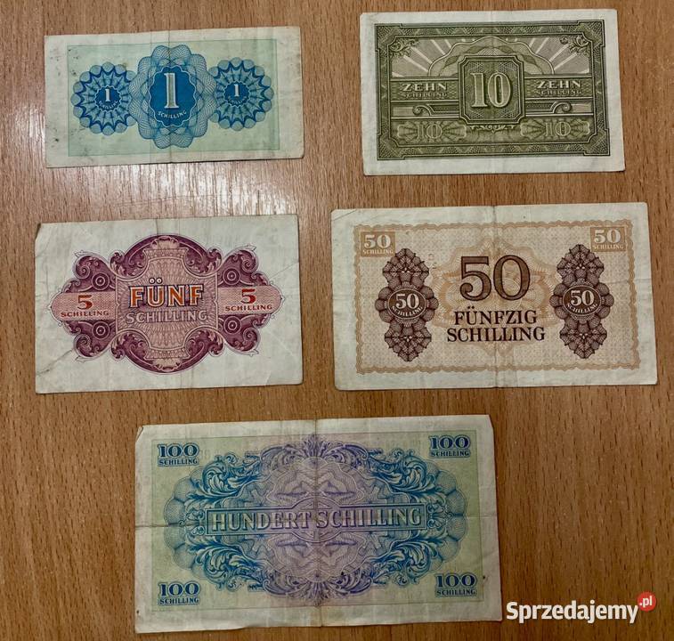 Zestaw banknotów 1 5 10 50 100 Schilling
