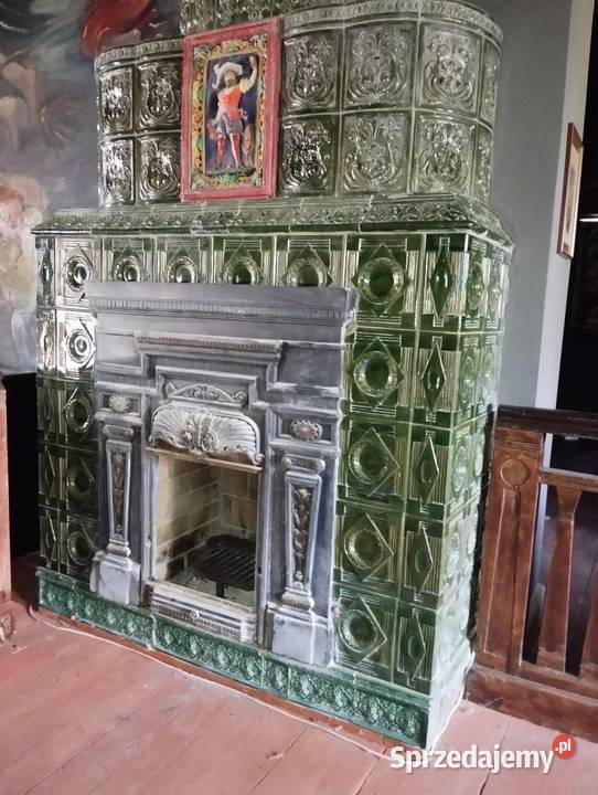 efektowny zabytkowy kominek kaflowy Racibórz