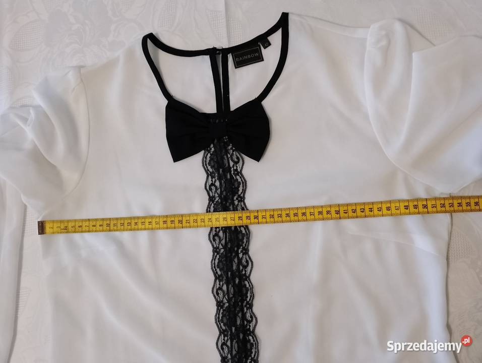 Biała BLUZKA z czarną koronką i kokardą długie wielkopolskie Oborniki