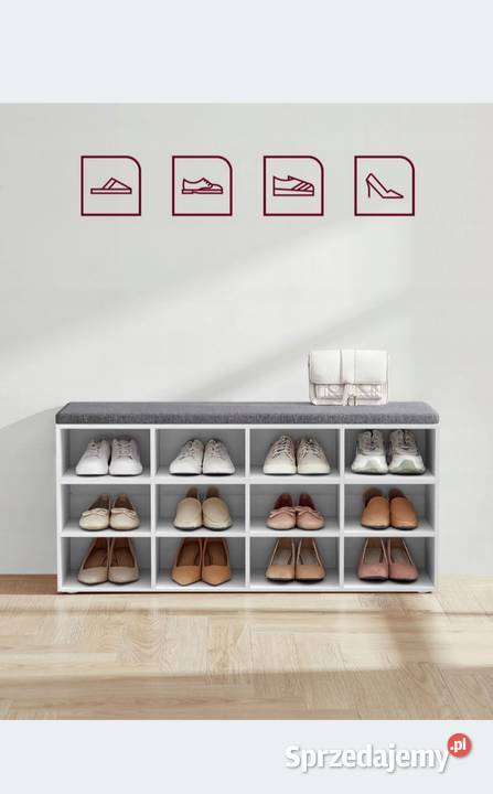 Biała szafka na buty z siedziskiem 12 półek