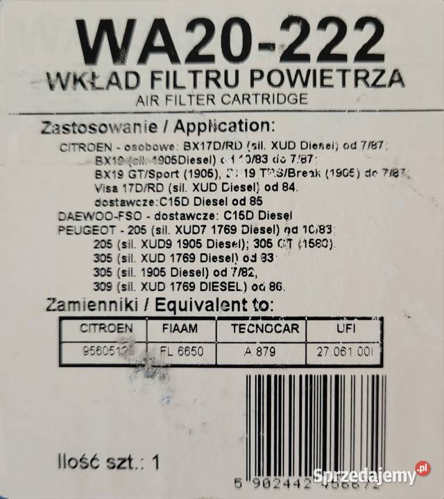 WKŁAD POWIETRZA CITROEN PEUGEOT Szczecin
