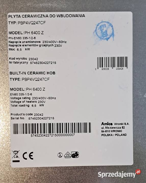 Płyta ceramiczna Amica Rutki-Kossaki sprzedam