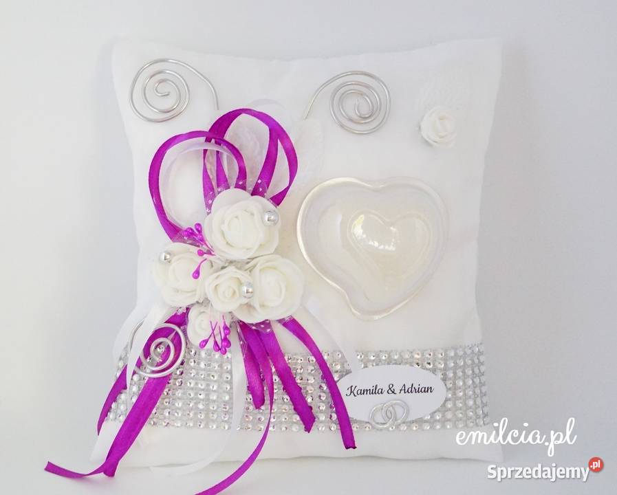 Poduszka Na OBRĄCZKi Biel Fuksja i Srebro OZDOBA Zielona Góra