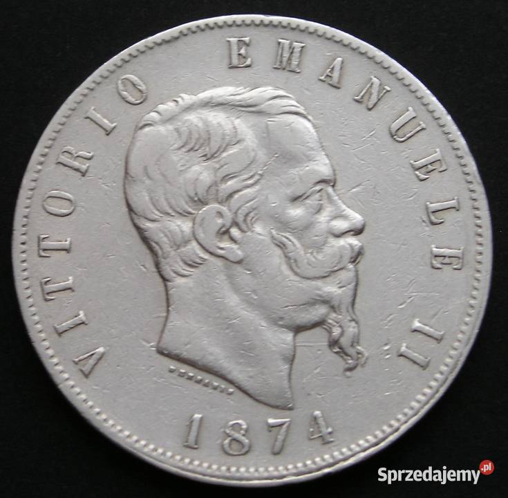 WŁOCHY 5 LIRÓW 1874 KRÓL WIKTOR EMANUEL II Łódź