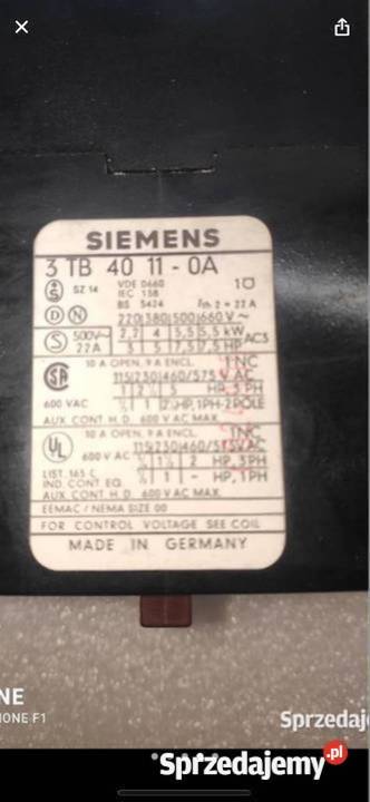 Nowy stycznik Siemens typ 3TB 40 11 0 A cewka Gliwice sprzedam