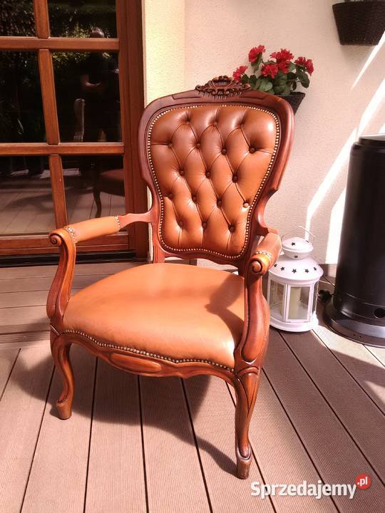 Fotel Krzesło Rzeźbione Skóra Antyk Kluki