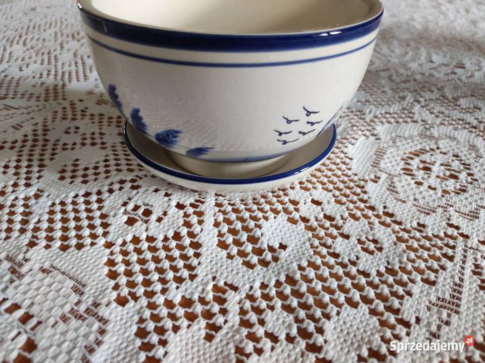 ceramiczna doniczka z podstawką Delft ptaki domy sprzedam
