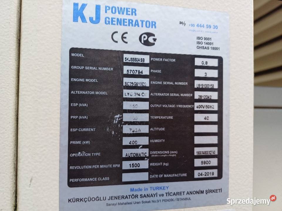 gregat prądotwórczy KJ Power 550 kVA 440 kWkj Jelcz-Laskowice