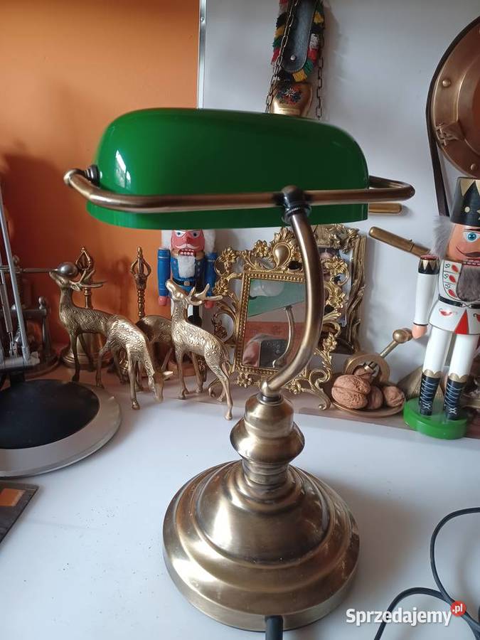 Bankierka lampa stołowa mosiądz szkło wielkopolskie