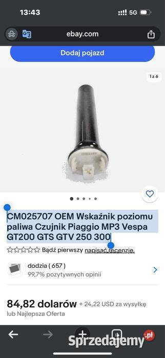 025707 Czujnik poziomu paliwa Piaggio MP3 Vespa wielkopolskie Poznań
