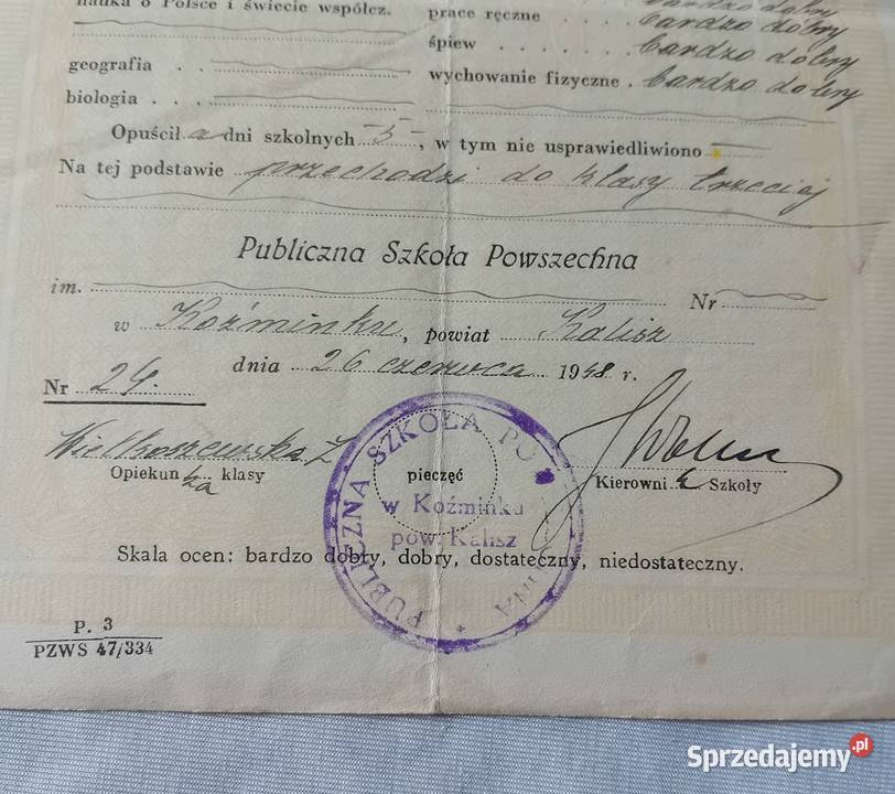 Świadecztwo ukończenia klasy 2 szkoły Koźminek