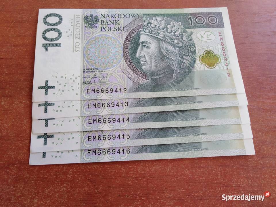 BANKNOTY 100 zł, kolejne numery EM 666..., 5 sztuk
