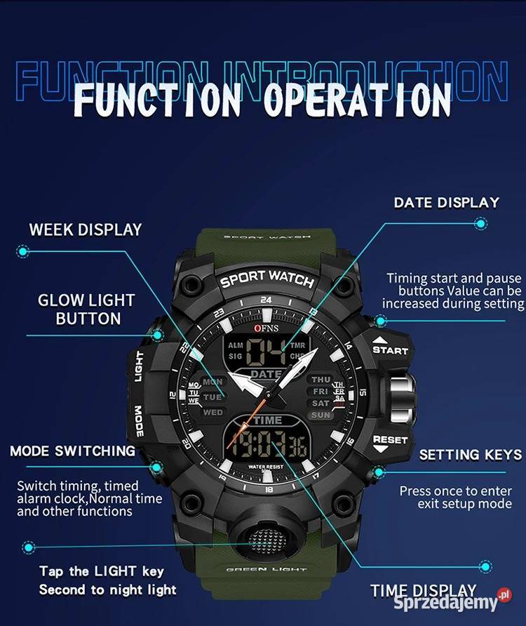Zegarek męski sportowy duży wojskowy zielony Zegarki Gorzów Wielkopolski
