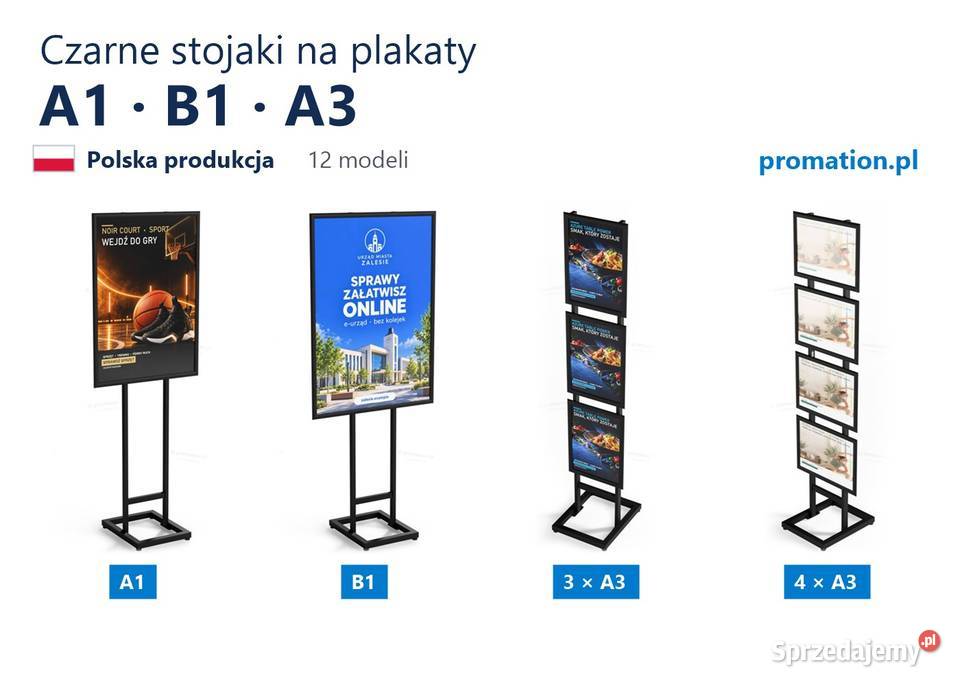 Czarne stojaki na plakaty A1 B1 i A3 potrójne pomorskie