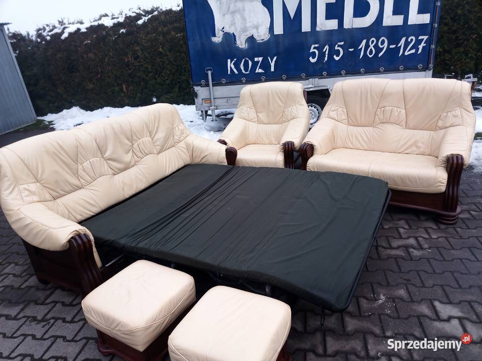 Komplet Rozkładany CREAM 321 i 2X Pufa i Ława śląskie Kozy