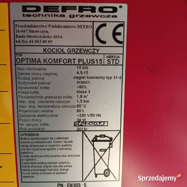Kocioł Defro Optima komfort Plus 15 palnik Działdowo