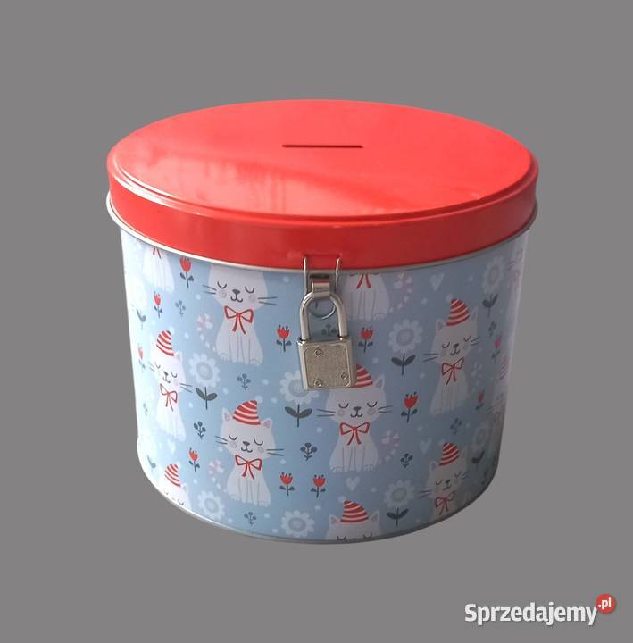Skarbonka metalowa niebieska puszka w kotki z Chrzanów