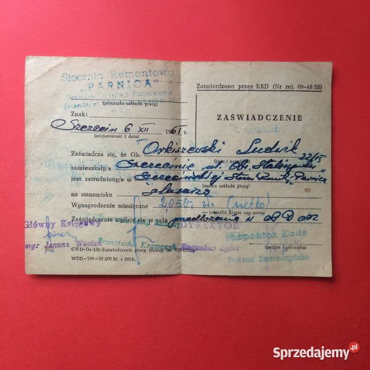 1718 Zaświadczenia Z Miejsc Pracy Orkiszewski zachodniopomorskie Szczecin sprzedam