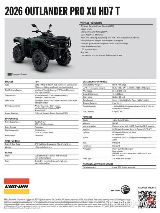 CanAm Outlander Pro Xu HD7 T 2026 1MTA T3b quad Nowy Sącz