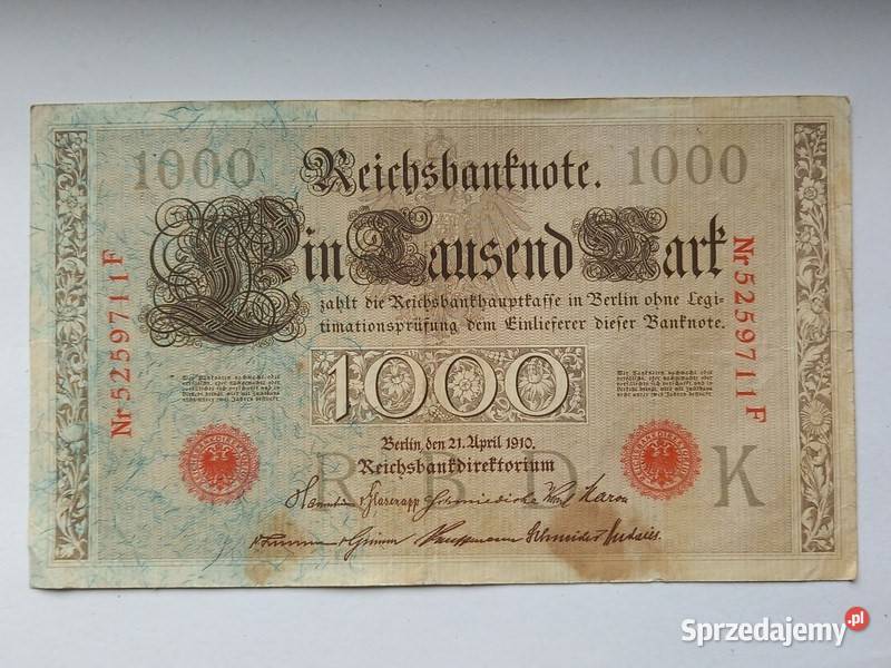 Banknot 1000 marek Niemieckich 1910 r Numizmatyka zachodniopomorskie Koszalin