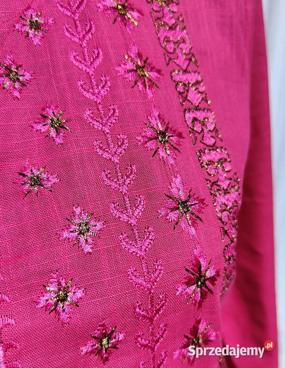 Różowa tunika boho S 36 bawełna róż złoto haft