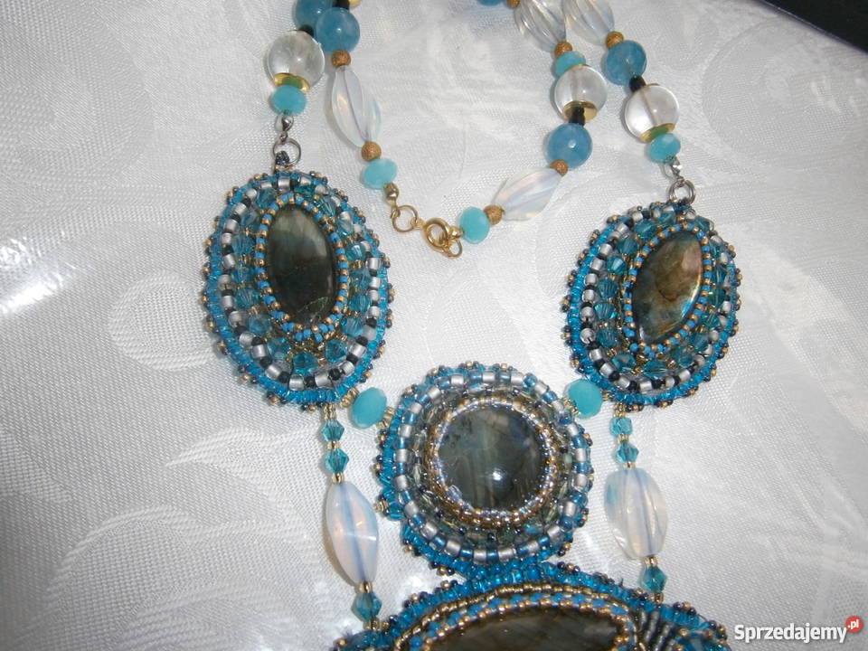 Cudny naszyjnik labradoryty agaty opale kamienie pozłacane