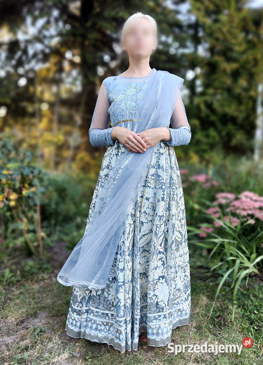 Niebieska suknia balowa S 36 kwiaty floral żółty/złoty