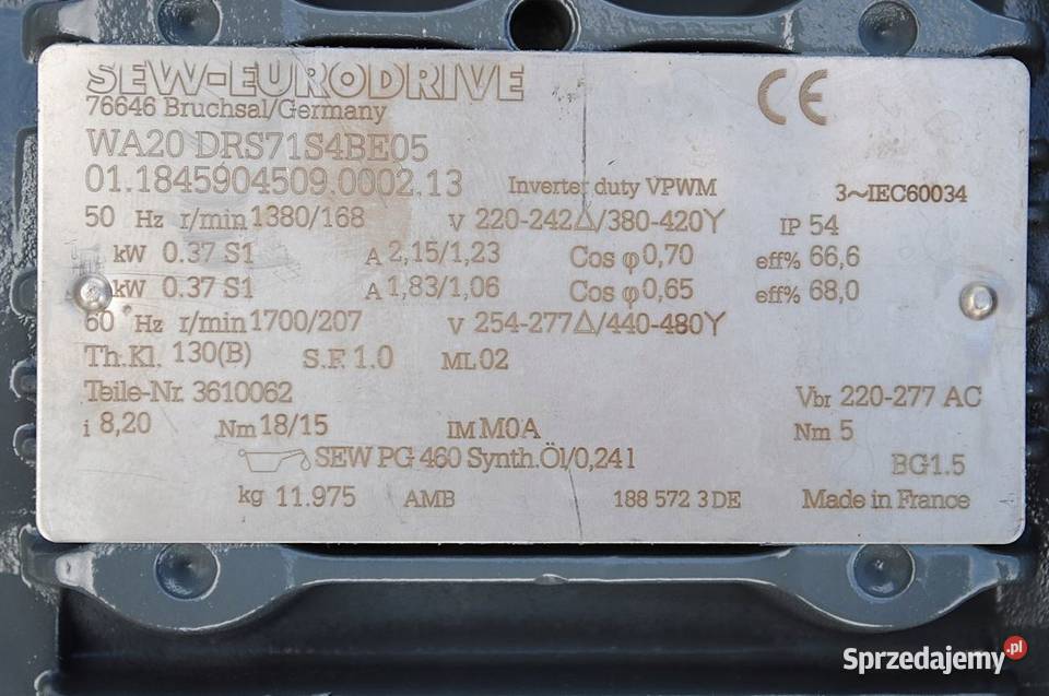 Motoreduktor kątowy 037kw 168obrmin SEW z lubuskie Kargowa