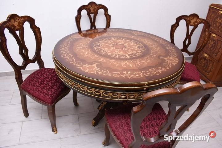 Okrągły Stół 4 Krzesła Intarsje Styl Ludwikowski Kraków