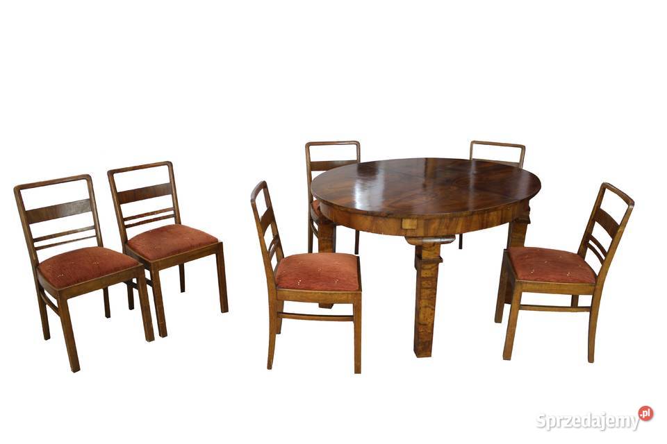 Stół i 6 krzeseł art - deco w orzechu / stan BDB / antyki