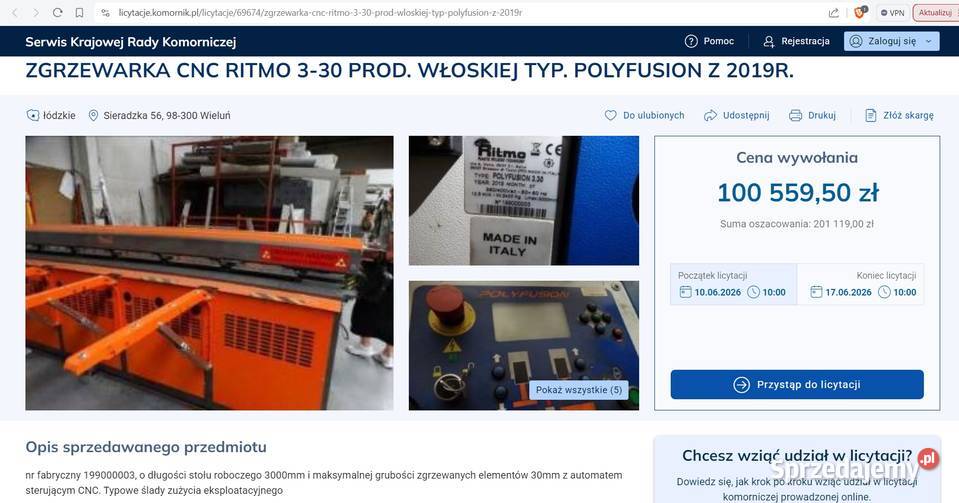 Licytacja komornicza zgrzewarki do tworzyw Bydgoszcz
