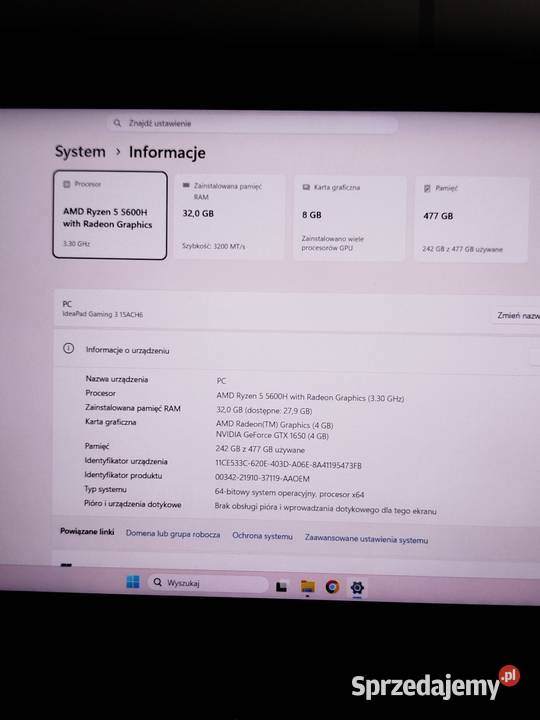Laptop Gamingowy Lenovo IdeaPad Gaming 3 Ryzen 5 15-15.9" podkarpackie Drohobyczka