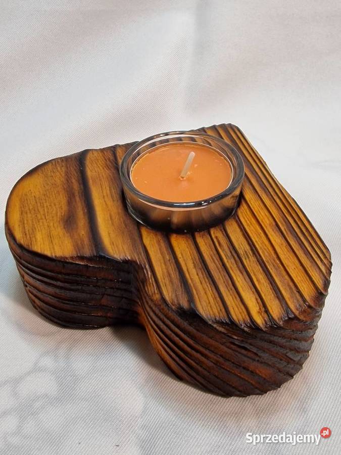 Świecznik drewniany serce karmelowy na tealight Sępopol