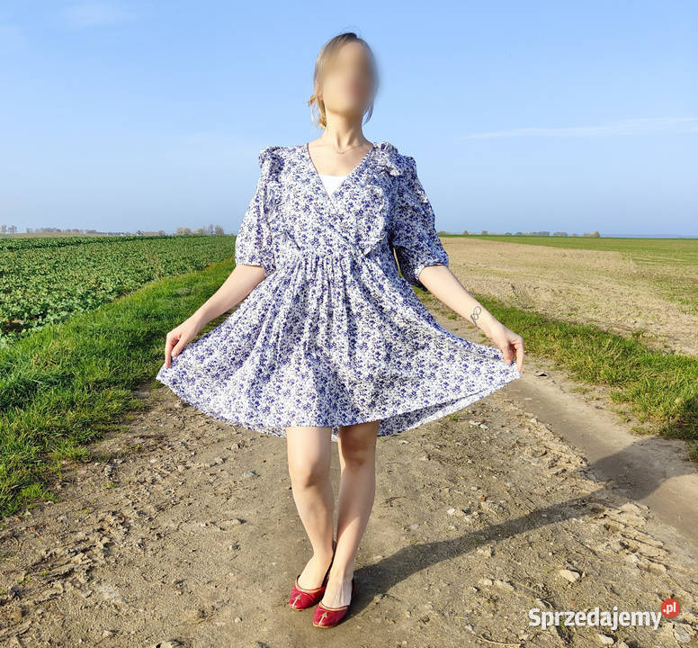 Kwiatowa sukienka HM M 38 bufki retro niebieskie Szczecin sprzedam