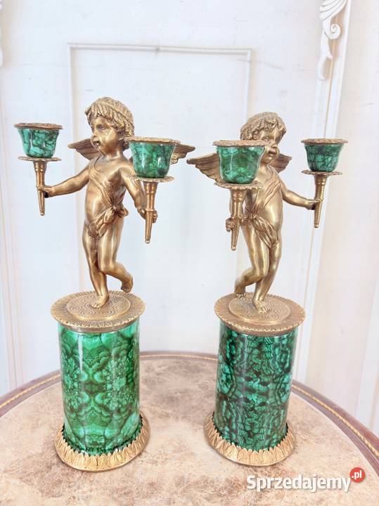 2 Zielone Świeczniki Porcelana Brąz Amory Anioły Kraków