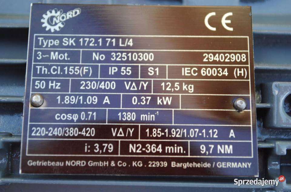 Motoreduktor 037kw 364obrmin Firmy Nord Kargowa sprzedam