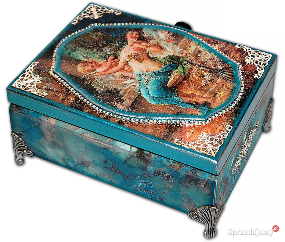 SZKATUŁKA drewniana AMOREK turkus srebro Bydgoszcz