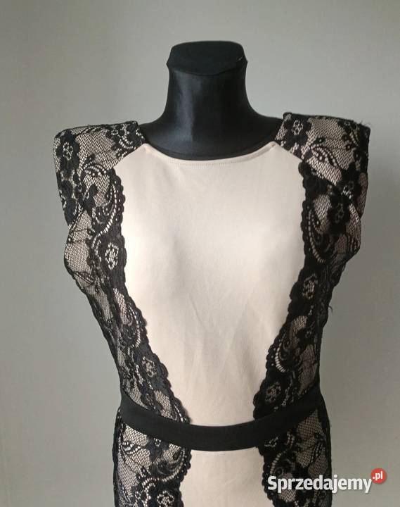 Beżowa Sukienka wyszywana czarną koronką kwiaty Krosno