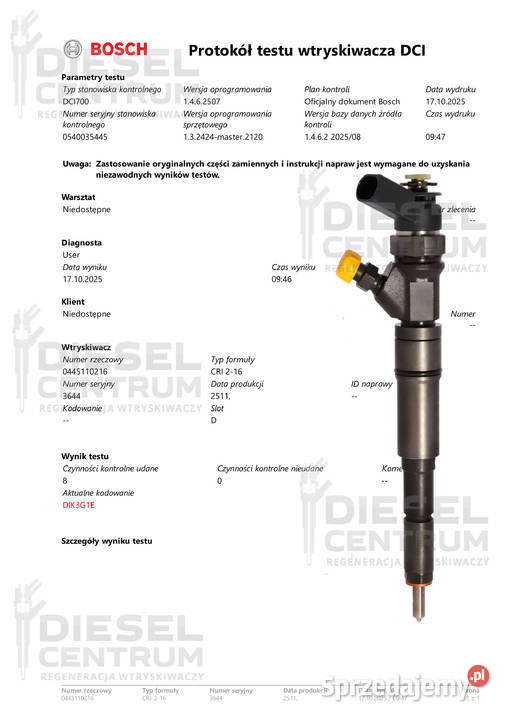 WTRYSKIWACZ BOSCH 0445110216 BMW 20D 30D M47 M57