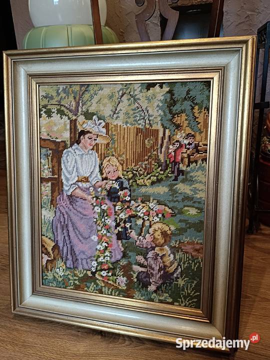 Gobelin krzyżykowy w ramie Odpoczynek w ogrodzie Lipno
