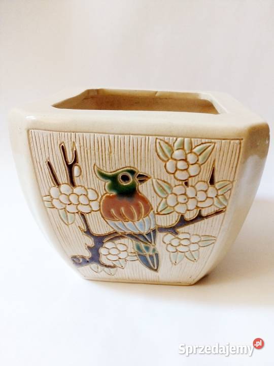 kwadratowa doniczka ceramiczna z ptakami